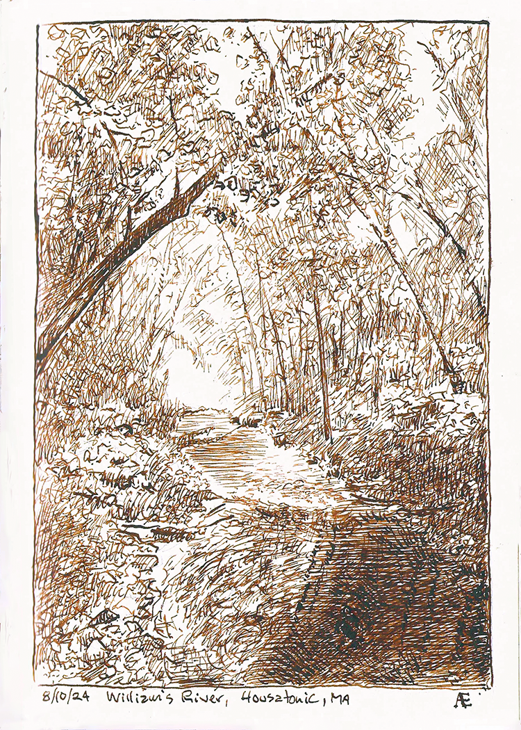 Williams River ink drawing