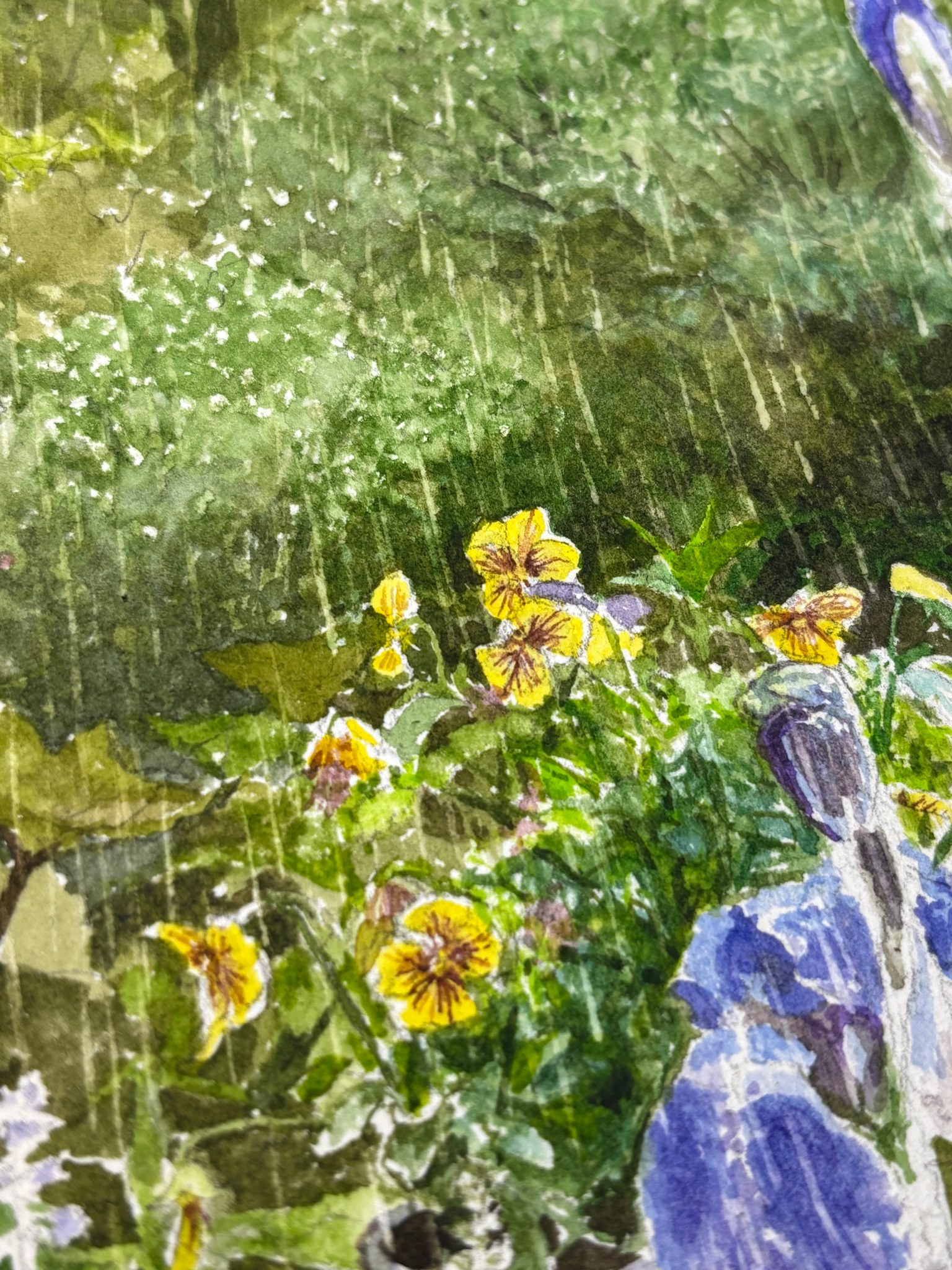 Afternoon Rain in the Garden watercolor detail.