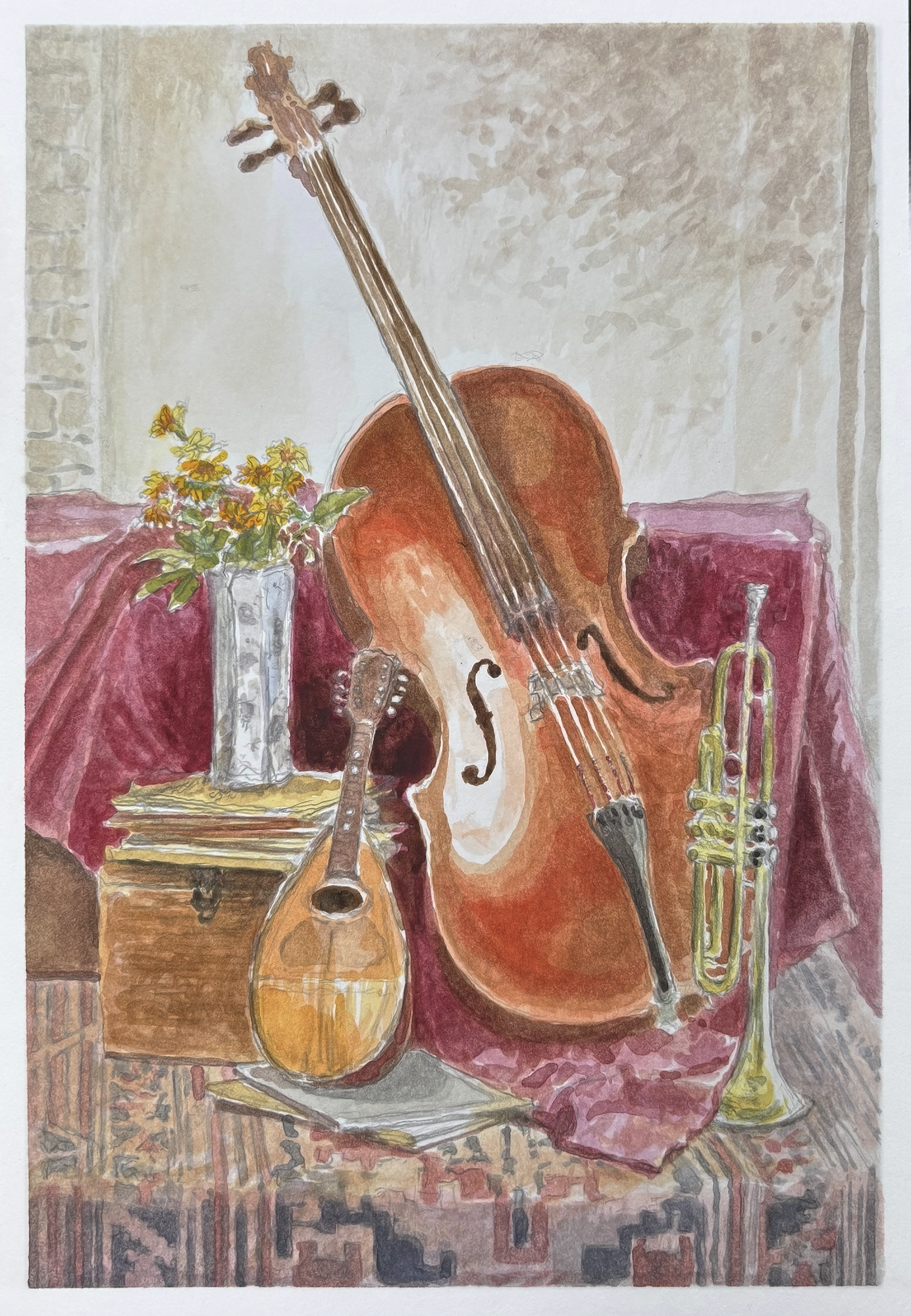 Still life watercolor painting of instruments by Andreas Engel